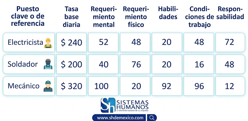 Tabla ejemplificativa del artículo de blog sobre valuación de puestos, su importancia y métodos. Muestra a un consultor analizando un gráfico de tendencias salariales, publicado por la firma de capital humano SH de México.