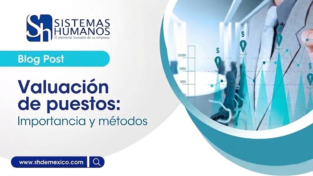 Banner del artículo de blog sobre valuación de puestos, su importancia y métodos. Muestra a un consultor analizando un gráfico de tendencias salariales, publicado por la firma de capital humano SH de México.
