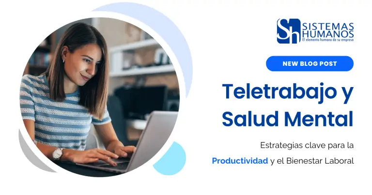 Profesional sonriente trabajando de forma productiva y equilibrada desde un escritorio organizado en casa, representando el bienestar laboral en el teletrabajo y la salud mental.